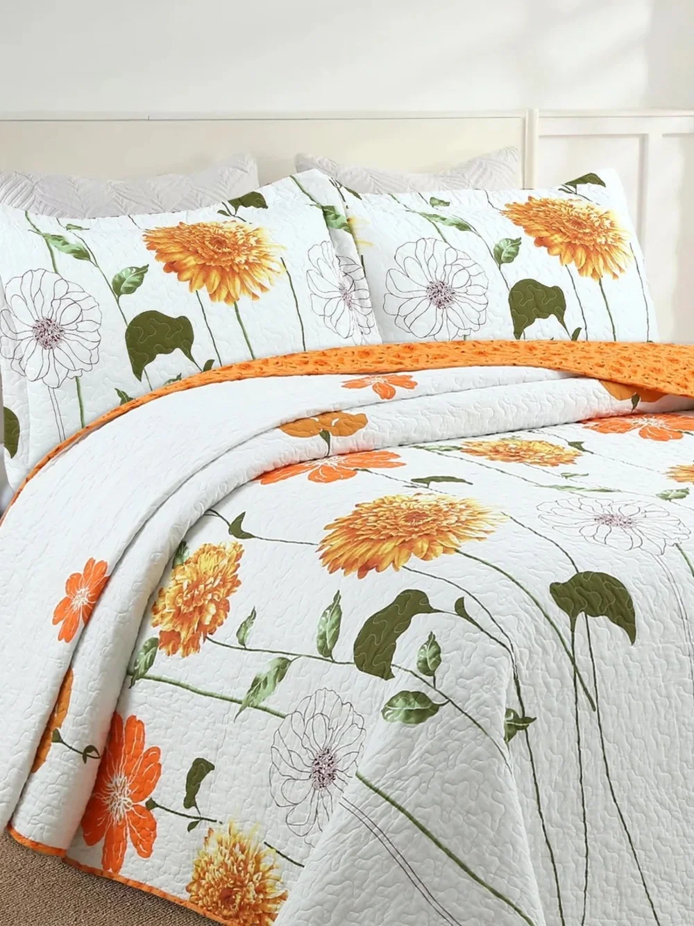 3 PIECE COTTON BOTANICAL FLORAL QUILT SET – LIGHTWEIGHT REVERSIBLE BEDSPREAD